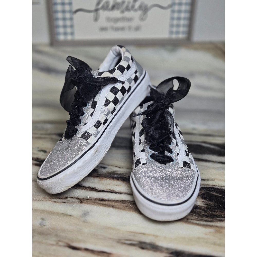 Vans Old Skool Checkerboard Silver Glitter Ribbon Lace Sneakers Womens 8